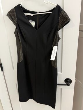 Maggy London Black Cap-Sleeve Sheath Dress with Mesh Insets